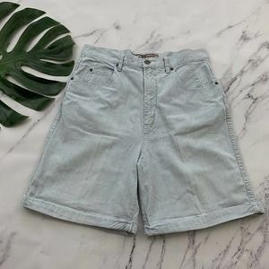Vintage 90s Womens High Rise Denim Shorts Size 12 Light Blue Railroad Stripe Mom